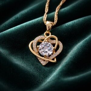 Stunning 18K‎ Yellow Gold Filled Necklace With Cubic Zirconia Heart Pendant